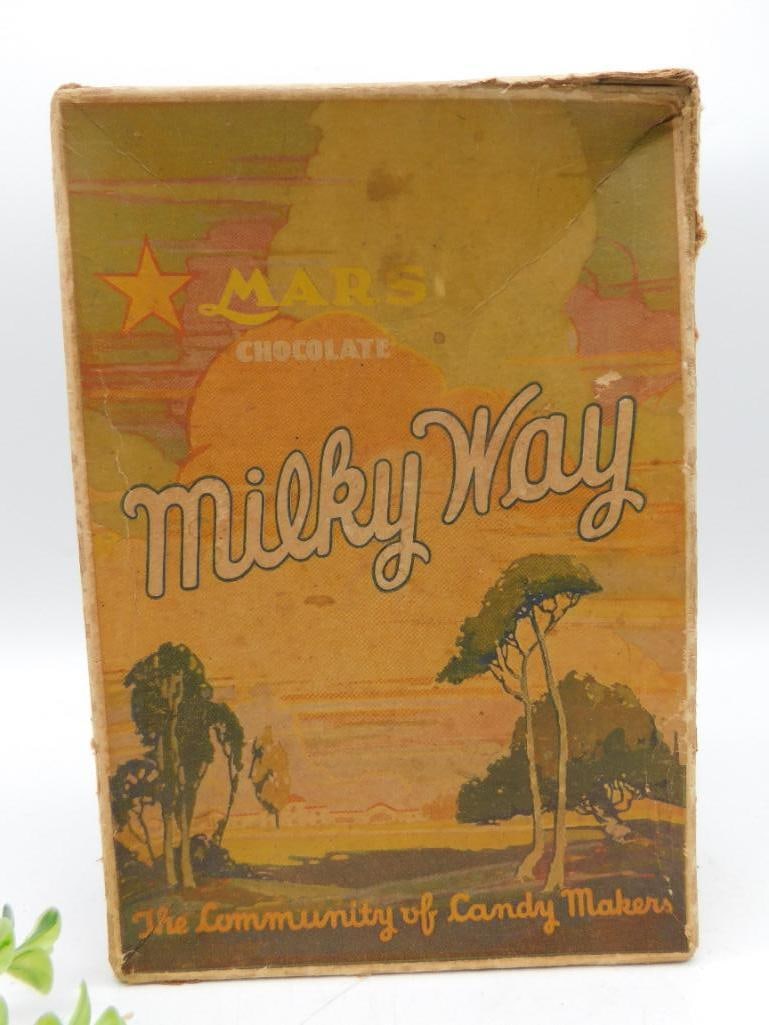 Mars Milky Way 5-Cent Candy Box, Circa Mid-20th Century: Mars Milky Way candy box featuring retro branding and graphics. Printed text indicates a price of 5 cents. Sides of the box include phrases such as 'When you crave good candy' and 'The community of ca