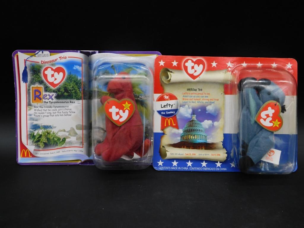 Ty Beanie Babies McDonald?s REX THE DINOSAUR AND LEFTY THE DONKEY: This lot includes McDonald?s promotional Ty Beanie Babies in two themed sets. The Dinosaur Trio features Rex, Bronty, and Steg, while the USA Trio includes Lefty the Donkey, Righty the Elephant, and L