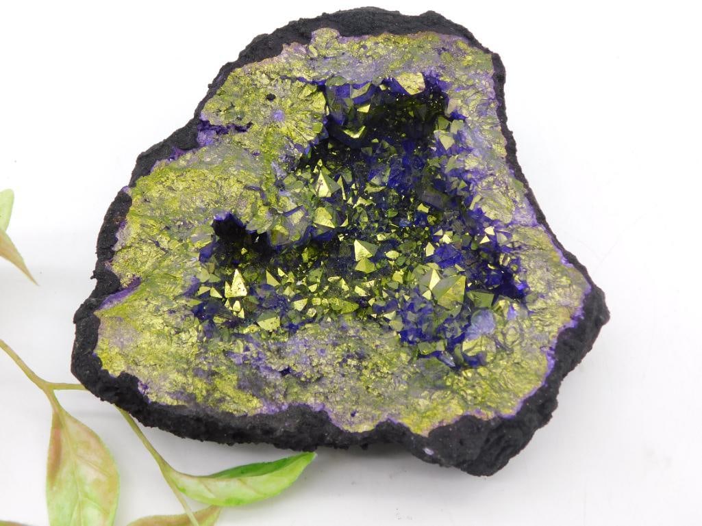 GEODE ROCK STONE LAPIDARY SPECIMEN: Chalcopyrite and quartz geode specimen with vibrant gold and purple crystal formations. Dimensions not specified, approximately displayed next to a scale for reference. Weighs 480 grams. Great for min