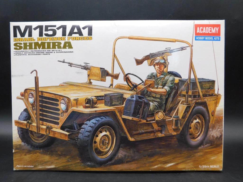 Academy M151A1 Shmira 1:35 Scale Model Kit: 1:35 scale plastic model kit of the M151A1 Shmira by Academy. Features Israeli Defense Forces design details. Includes assembly instructions, decals, and unassembled parts on sprues. Suitable for ages