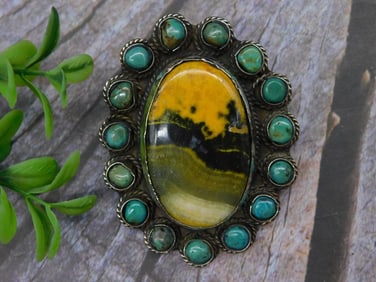 Bumblebee Jasper Cabochon Stone Pendant With Turquoise Accents Rock Stone Lapidary Specimen