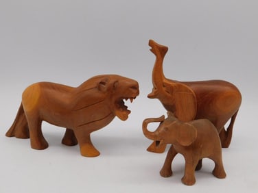 Hand-Carved Wooden Animal Figurine Set: Lion and Two Elephants