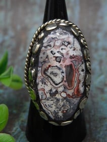 Adjustable Crazy Lace Silver-Tone Ring Rock Stone Lapidary Specimen