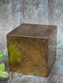 Brass Cube with Inscribed Text and Stamped Weight