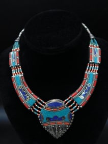 Turquoise, Lapis Lazuli, and Turquoise Beaded Necklace with Central Pendant