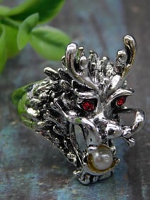 Silver-Tone Dragon Ring With Pearl and Red Accents