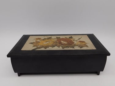 Black Wooden Music Box with Floral Inlay and Red Interior