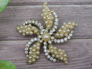 Goldtone Starfish Brooch with Faux Pearls and Rhinestones