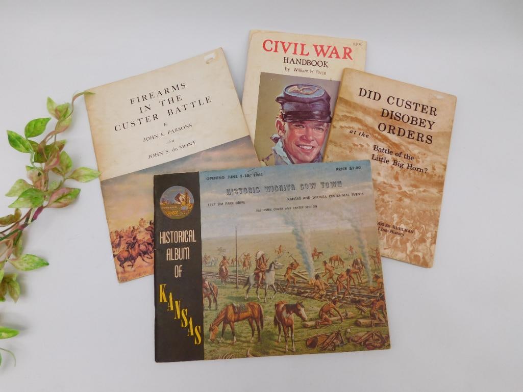 Set of 4 Historical Booklets: Civil War, Custer & Kansas: Lot includes four historical booklets: 'Firearms in the Custer Battle' by John E. Parsons (1953), 'Did Custer Disobey Orders at the Battle of the Little Big Horn?' by Dr. Charles Kuhlman (1952), 'The