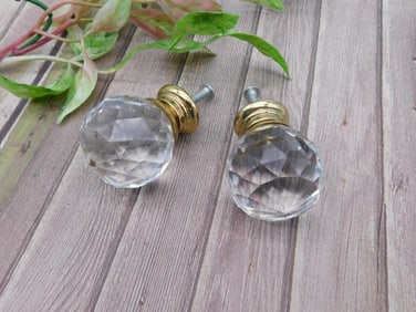 Pair of Faceted Crystal Drawer Pulls With Brass Bases