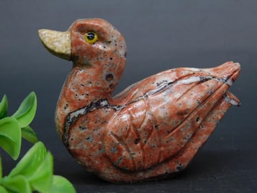 Carved Stone Duck Figurine With Speckled Finish