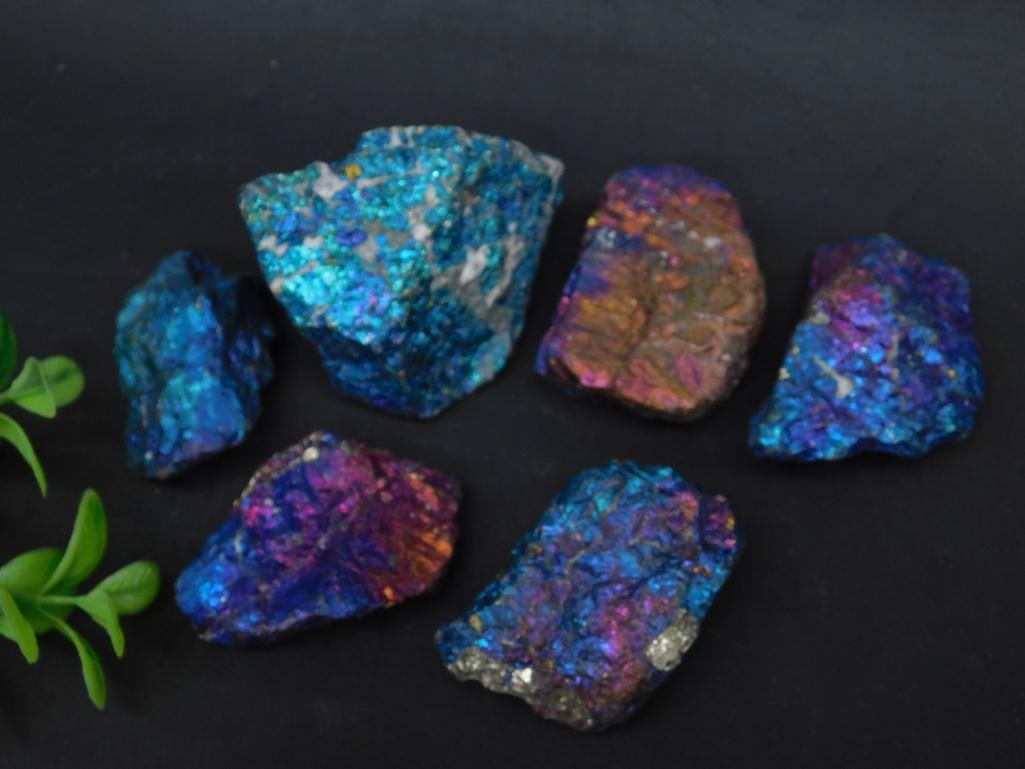 Set of Six Colorful Chalcopyrite Specimens: This lot includes six chalcopyrite mineral specimens featuring vibrant iridescent hues of blue, purple, and gold. These natural stones are ideal for collectors or display purposes. The total weight is