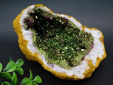 Geode with Green Crystal Interior and Yellow Outer Matrix