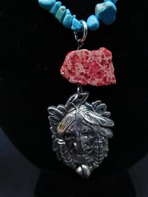 Turquoise Bead Necklace with Red Stone and Silver Pendant