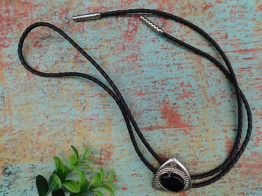 Braided Leather Cord Bolo Tie with Black Stone Accent