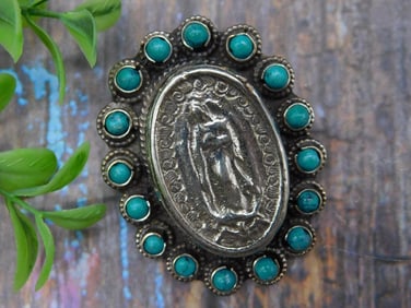 Silver Religious Brooch With Turquoise Accents