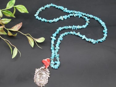 Turquoise Bead Necklace With Silver Tone Pendant
