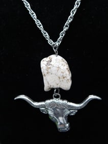 Silver Toned Bull Pendant Necklace with Stone Accent