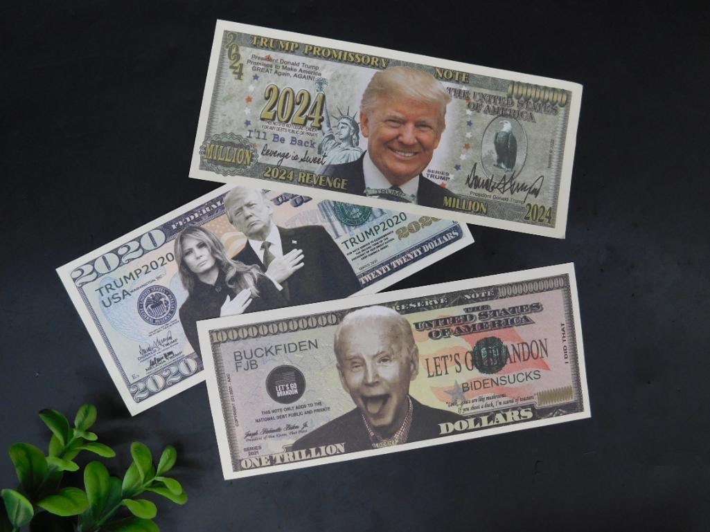 Set of Three Novelty Political Dollar Bills 2020-2024: Collection of three novelty political-themed dollar bills featuring humorous political captions and artwork inspired by U.S. elections from 2020 to 2024. Includes satirical depictions related to signi
