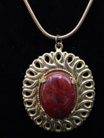 Gold Pendant Necklace with Red Oval Stone