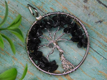 Wire Tree Pendant With Black Stone Accents