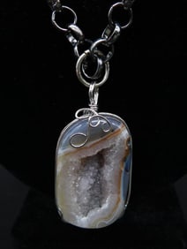 Geode Pendant Necklace with Metal Chain and Wire-Wrapped Detail