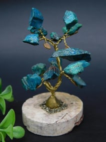 Brass Wire Bonsai Tree Sculpture With Stone Base