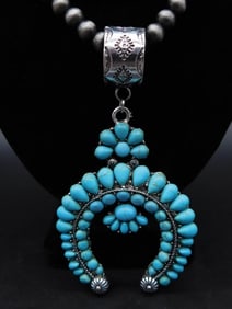 Fashion Jewelry Squash Blossom Turquoise Necklace With Crescent Pendant and Silver Beads
