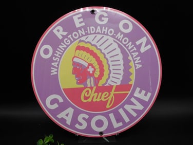 Oregon Gasoline Chief Porcelain Sign With Native American Chief Design