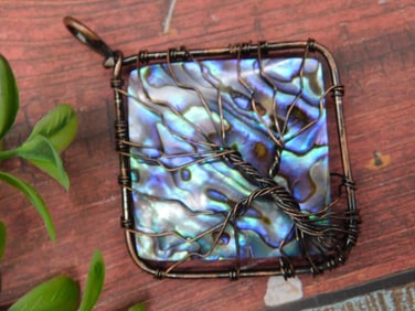 Abalone Shell Pendant with Wire Tree of Life Design