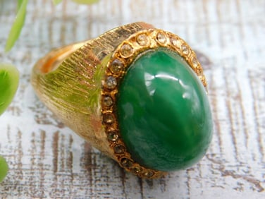 Gold-Tone Ring with Green Stone and Rhinestone Accents