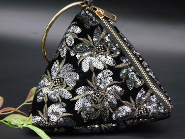 Black Triangular Handbag With Floral Sequin Design