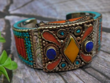 Decorative Metal Bracelet With Colorful Stone Inlays
