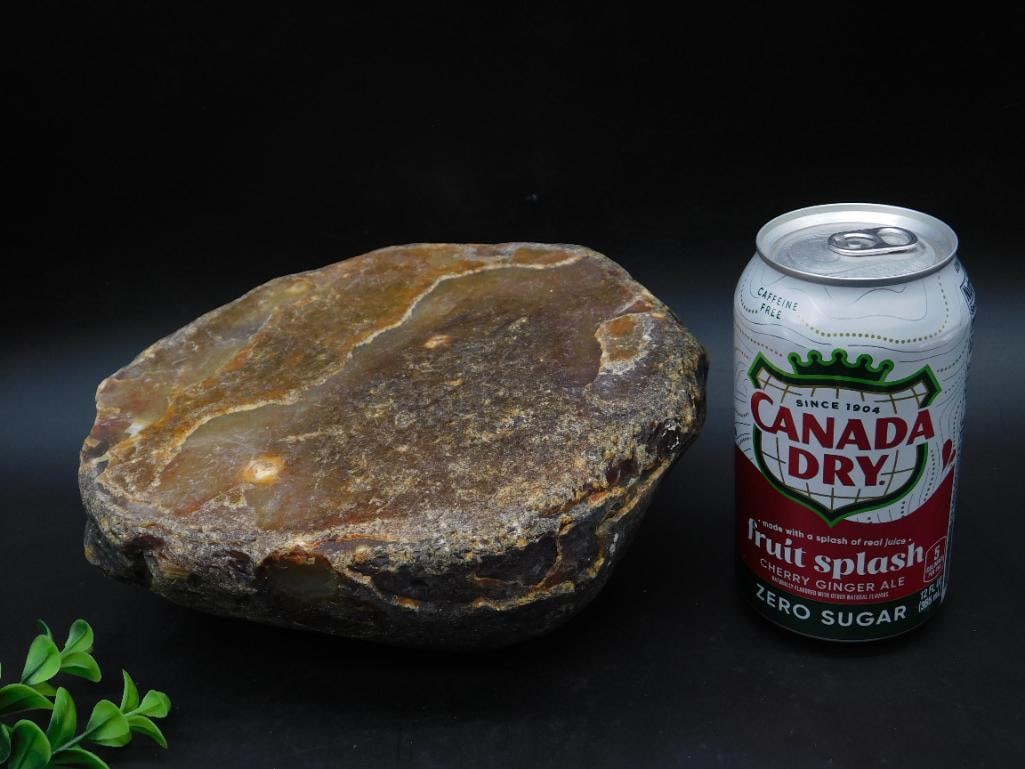 Brazilian Agate Rock Stone Lapidary Specimen: A polished stone slice showcasing natural patterns and earthy tones. The piece features a flat, smooth surface with variations in coloration, ranging from brown and tan to amber hues. Suitable for dis