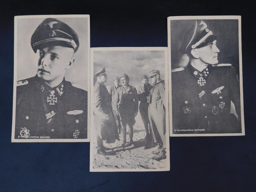 Set of Three WWII-Era German Postcards: Set of three WWII-era German postcards featuring photographic imagery of military figures and scenes. Each postcard is printed with descriptive text, including references to military ranks and names.