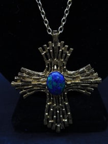 Gold Cross Pendant With Azurite Stone on Chain