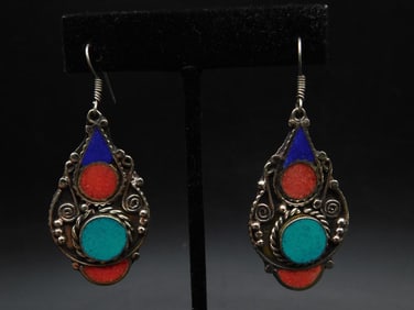 LAPIS LAZULI, TURQUOISE, AND RED CORAL Teardrop-Style Earrings With Colorful Inlay Design