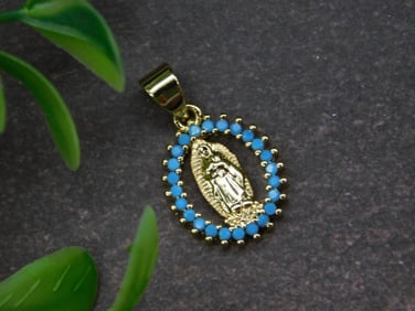 Gold-Tone Oval Pendant With Blue Beaded Border