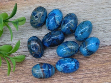 Collection of 10 Blue Polished Oval Stone Beads Rock Stone Lapidary Specimen