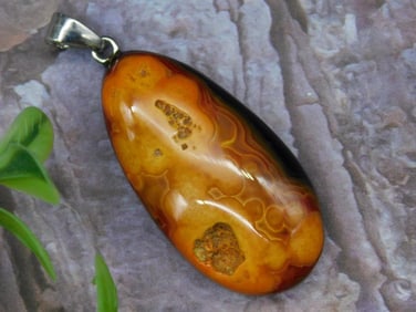 Oval Eclipse Agate Pendant with Silver-Tone Bail Rock Stone Lapidary Specimen