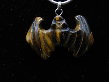 Tiger?s Eye Bat Pendant on Chain Necklace Rock Stone Lapidary Specimen