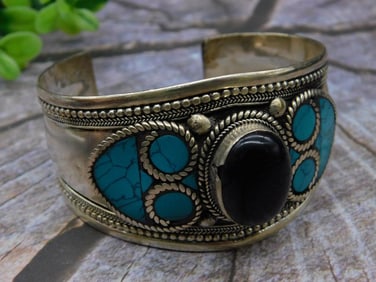 Silver Tone Cuff Bracelet With Turquoise and Obsidian Stone