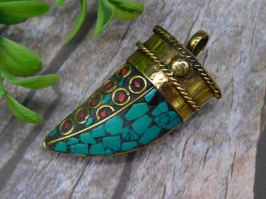 Turquoise and Red Coral Horn Pendant Rock Stone Lapidary Specimen