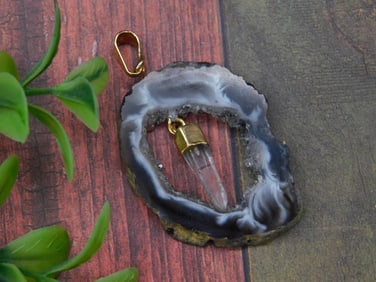Natural Agate Slice Pendant With Quartz Point