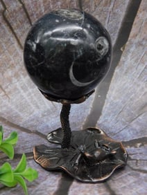 Frog-Themed Holder With Orthoceras Sphere Decoration Rock Stone Lapidary Specimen