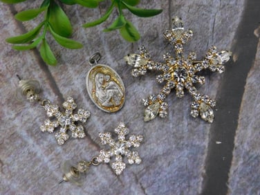 Snowflake Brooch, Earrings, and Religious Pendant