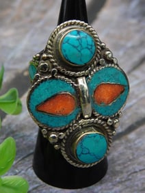 Silver-Tone Cuff Adjustable Ring With Turquoise and Coral Inlays Rock Stone Lapidary Specimen