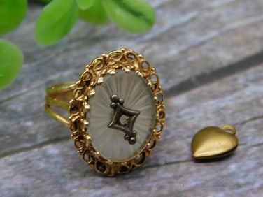 Gold-Tone Filigree Ring with Stone and Heart Charm