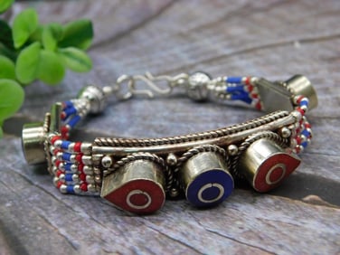 Silver-Tone Bracelet With Red Coral and Lapis Lazuli Accents