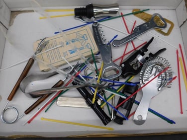 Assorted Barware and Cocktail Tools in Box
